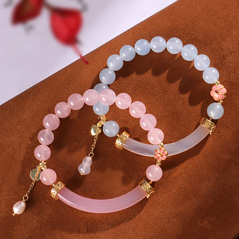 Braccialetto a metà polsino in perle di calcedonio blu e cristallo rosa Buddha Stones - Image 4