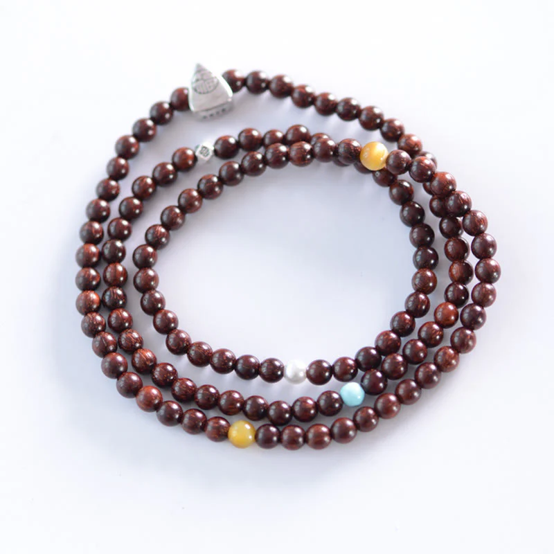 Braccialetto a triplo giro con protezione del carattere Fu, in argento Buddha Stones 925, con piccola foglia indiana in legno di sandalo rosso - Image 13
