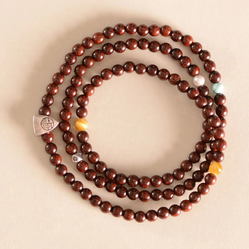 Braccialetto a triplo giro con protezione del carattere Fu, in argento Buddha Stones 925, con piccola foglia indiana in legno di sandalo rosso - Image 4