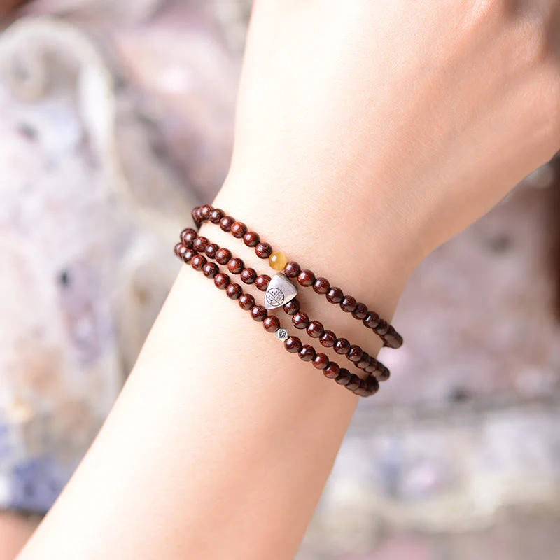 Braccialetto a triplo giro con protezione del carattere Fu, in argento Buddha Stones 925, con piccola foglia indiana in legno di sandalo rosso - Image 5
