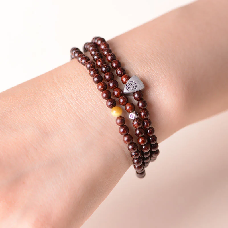 Braccialetto a triplo giro con protezione del carattere Fu, in argento Buddha Stones 925, con piccola foglia indiana in legno di sandalo rosso - Image 7