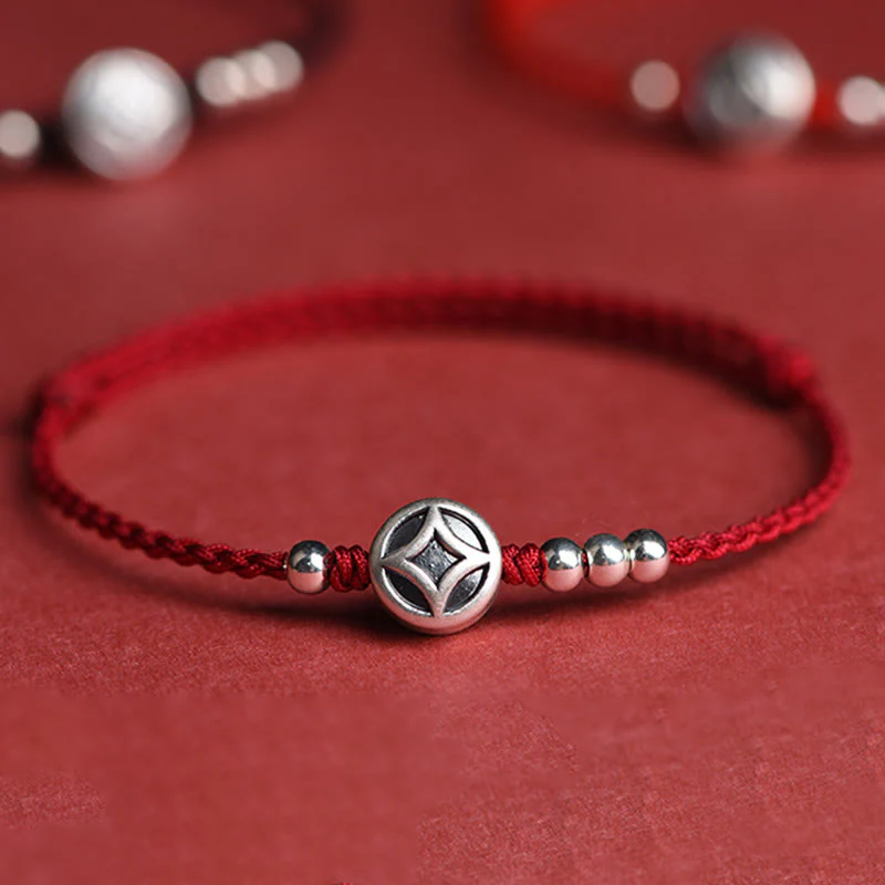 Braccialetto alla caviglia con ciondolo a forma di moneta di rame in argento sterling 999 Buddha Stones, fatto a mano e resistente alla corda