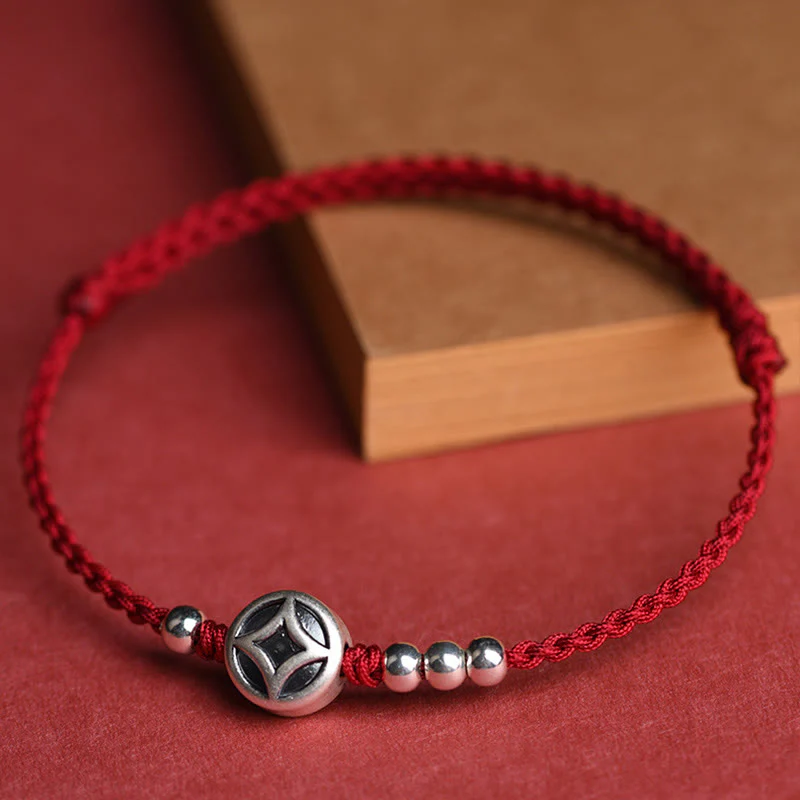Braccialetto alla caviglia con ciondolo a forma di moneta di rame in argento sterling 999 Buddha Stones, fatto a mano e resistente alla corda - Image 5