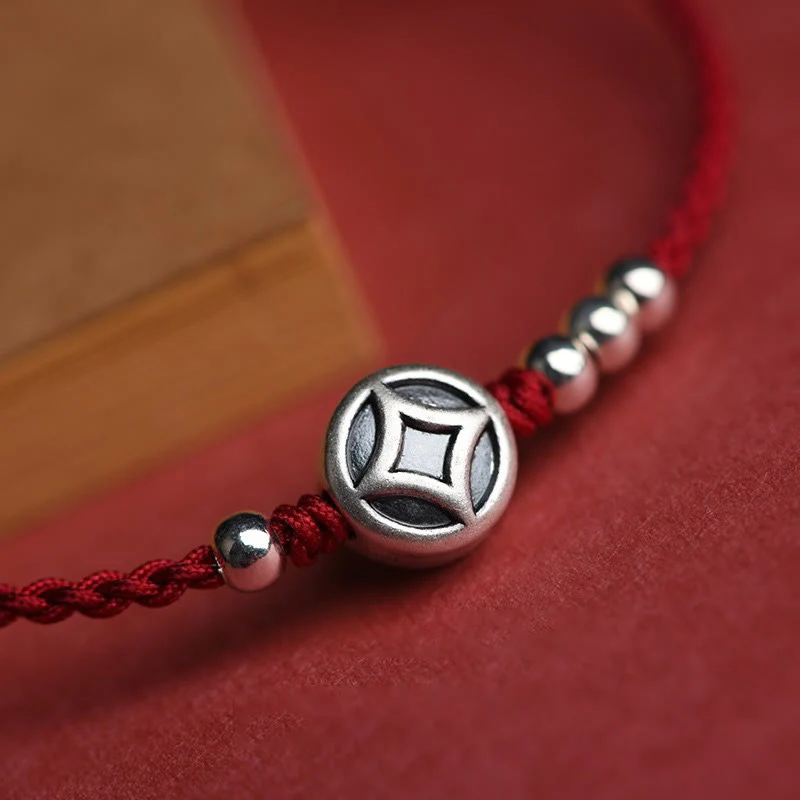 Braccialetto alla caviglia con ciondolo a forma di moneta di rame in argento sterling 999 Buddha Stones, fatto a mano e resistente alla corda - Image 8