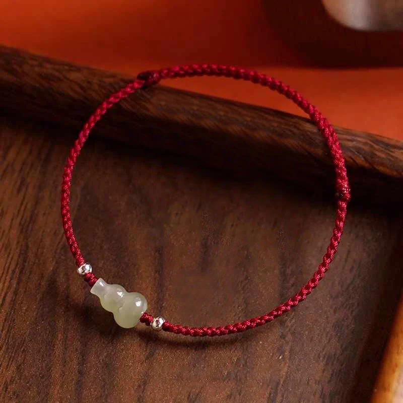 Braccialetto alla caviglia della prosperità in corda rossa Buddha Stones, zucca e giada Hetian