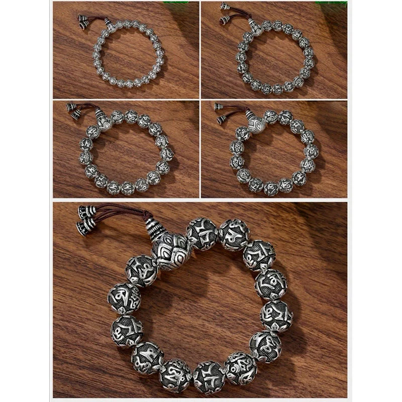 Braccialetto amuleto con perline in lega intagliata , Buddha Stones tibetane Om Mani Padme Hum - Image 11