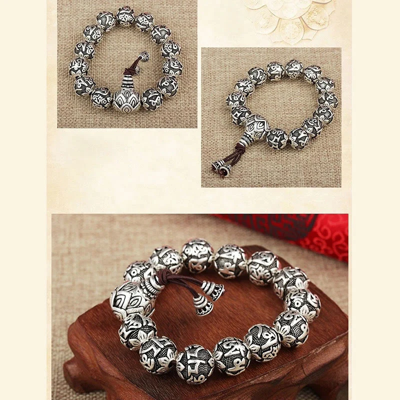 Braccialetto amuleto con perline in lega intagliata , Buddha Stones tibetane Om Mani Padme Hum - Image 12