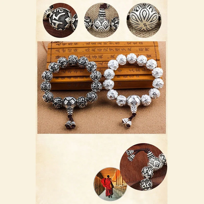 Braccialetto amuleto con perline in lega intagliata , Buddha Stones tibetane Om Mani Padme Hum - Image 16