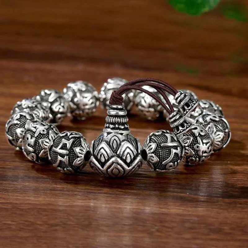 Braccialetto amuleto con perline in lega intagliata , Buddha Stones tibetane Om Mani Padme Hum - Image 3