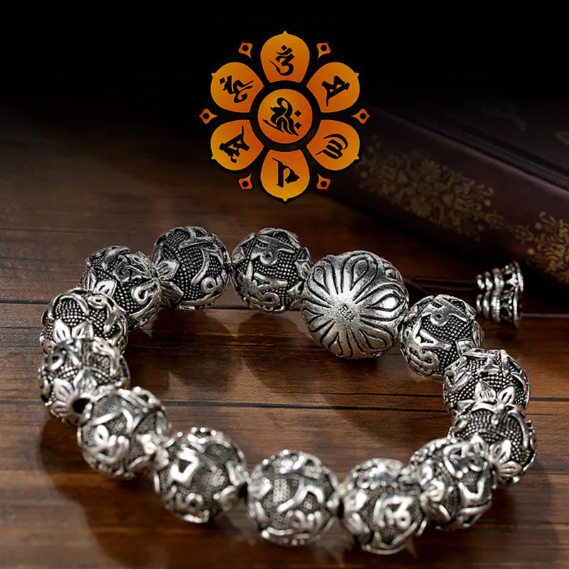 Braccialetto amuleto con perline in lega intagliata , Buddha Stones tibetane Om Mani Padme Hum - Image 5