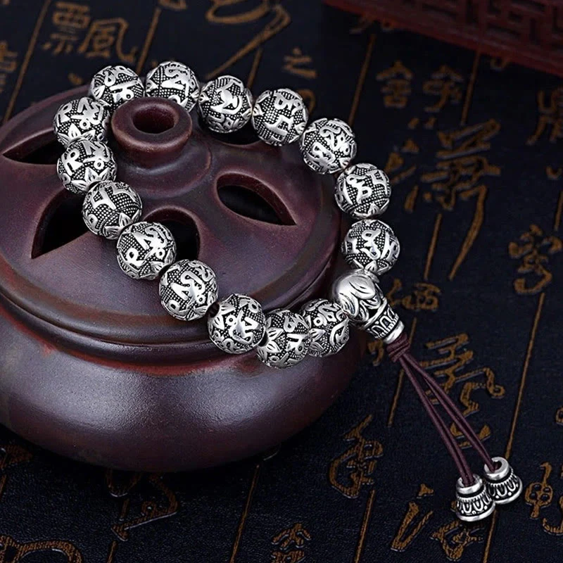 Braccialetto amuleto con perline in lega intagliata , Buddha Stones tibetane Om Mani Padme Hum - Image 6