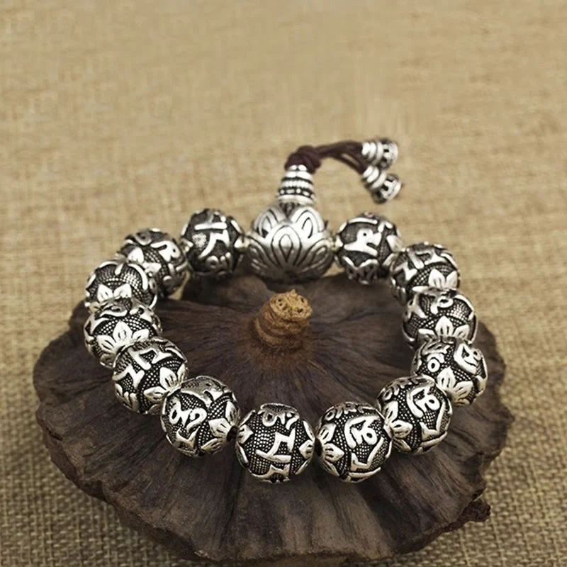 Braccialetto amuleto con perline in lega intagliata , Buddha Stones tibetane Om Mani Padme Hum - Image 7