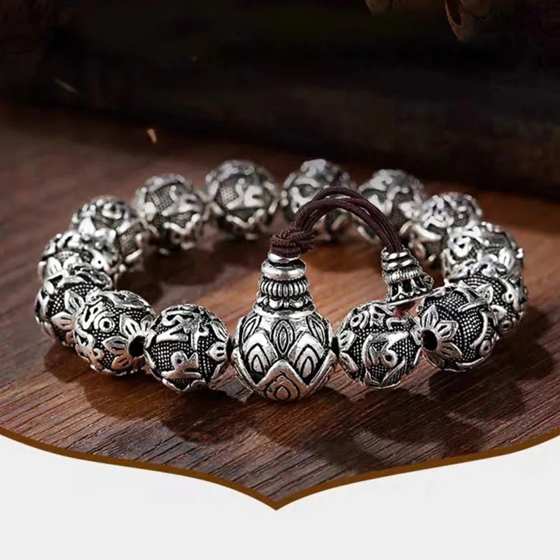Braccialetto amuleto con perline in lega intagliata , Buddha Stones tibetane Om Mani Padme Hum - Image 9