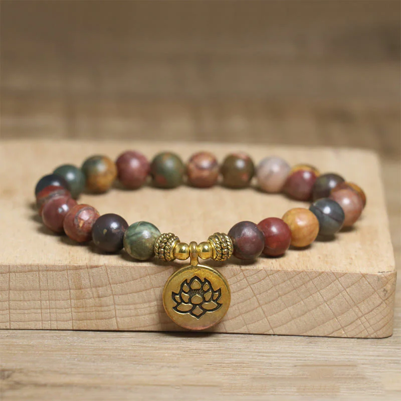 Braccialetto antistress con motivo a loto in pietra naturale colorata Buddha Stones