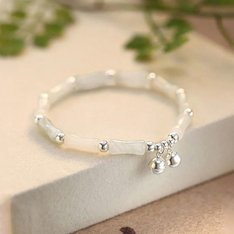 Braccialetto Buddha Stones 925 Sterling Silver Natural White Jade Bamboo Bell Charm Luck Happiness - Image 2
