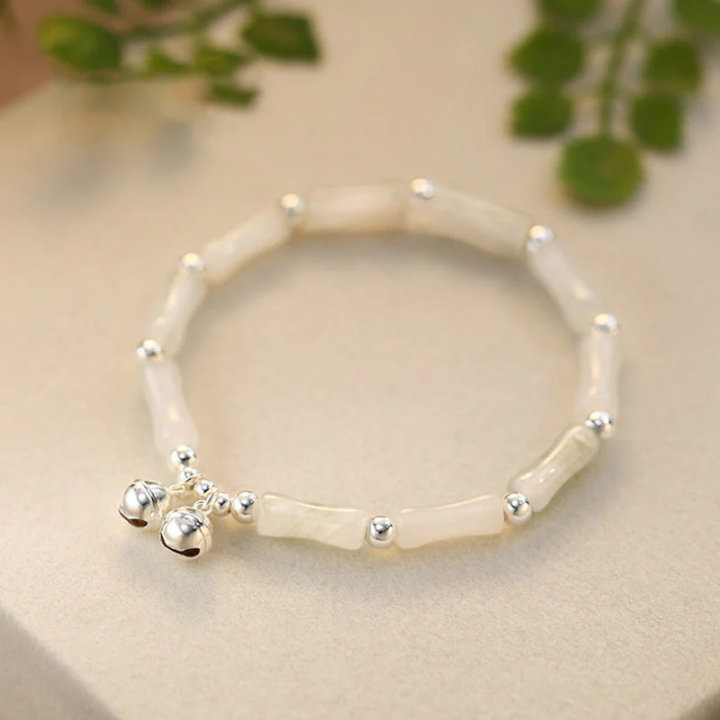 Braccialetto Buddha Stones 925 Sterling Silver Natural White Jade Bamboo Bell Charm Luck Happiness - Image 3
