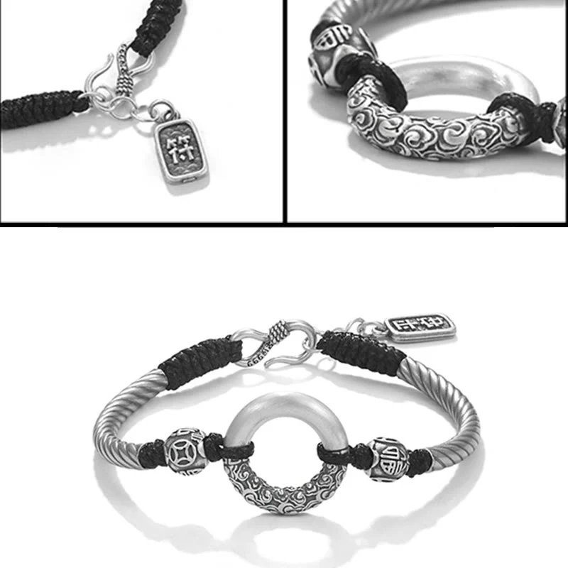 Braccialetto Buddha Stones 999 Sterling Silver Fu Character Peace Buckle Copper Coin Nuvole di Buon Auspicio Fortuna - Image 16
