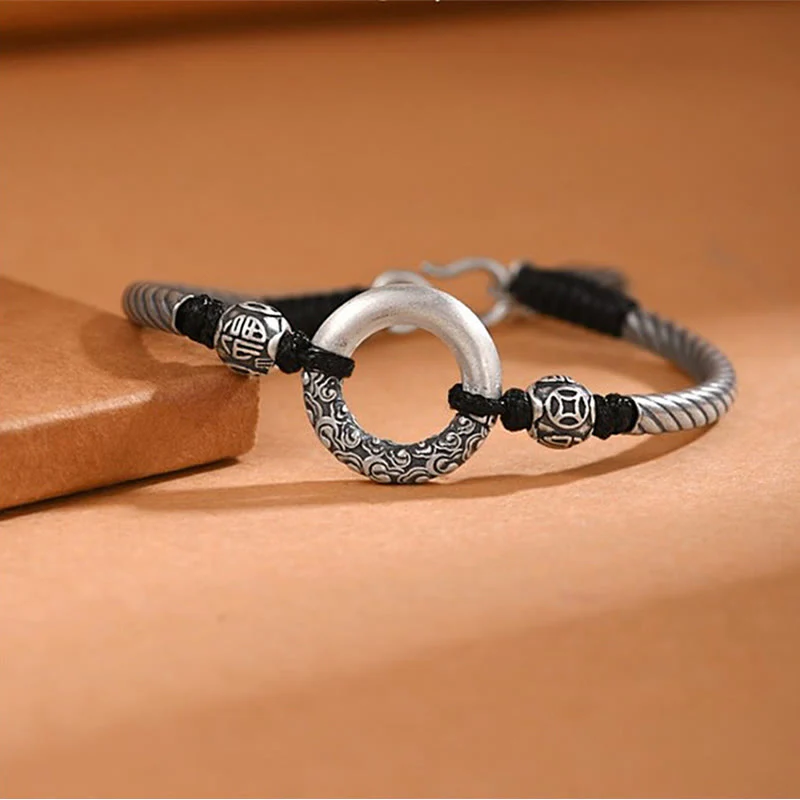 Braccialetto Buddha Stones 999 Sterling Silver Fu Character Peace Buckle Copper Coin Nuvole di Buon Auspicio Fortuna - Image 9
