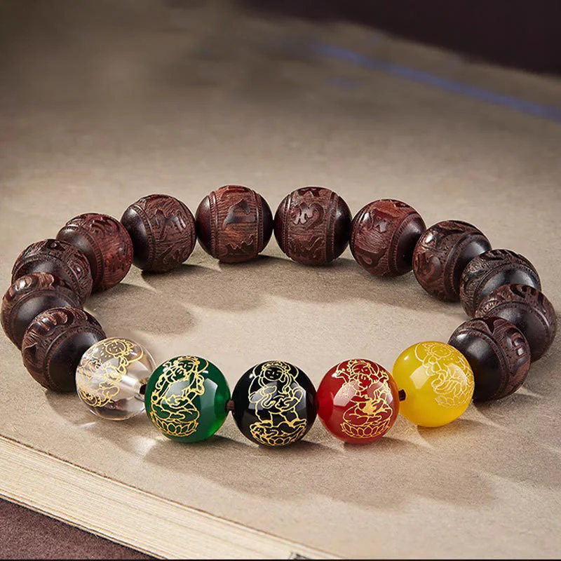 Braccialetto Buddha Stones con piccola foglia di sandalo rosso, cinque direzioni, divinità della ricchezza e della calma