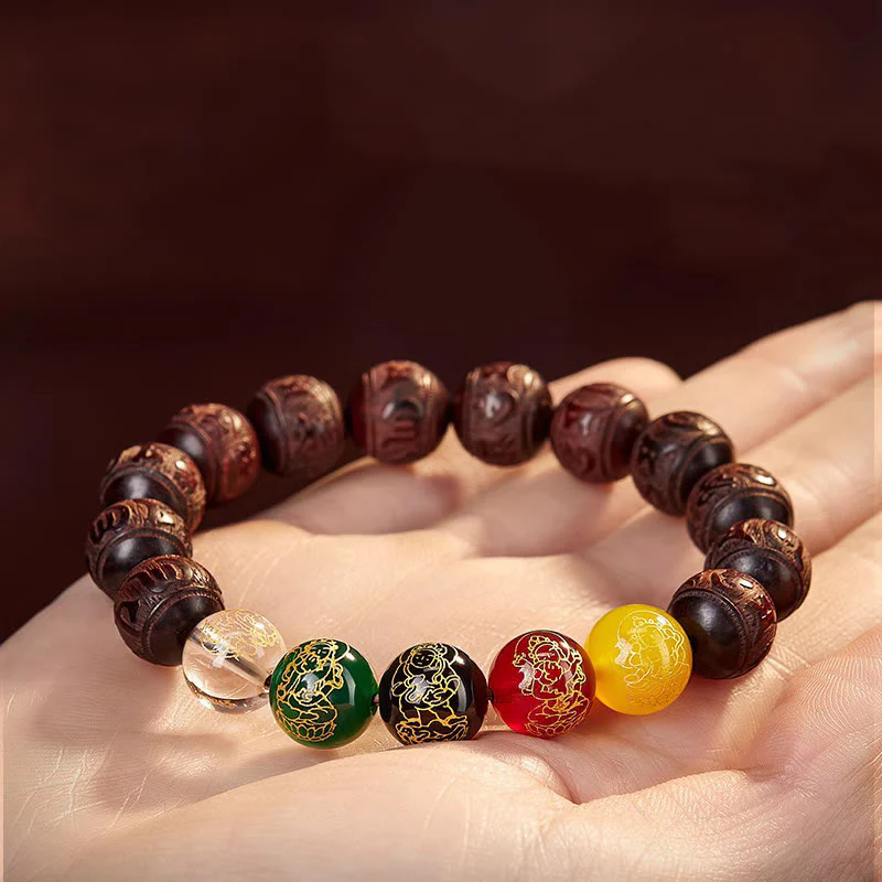 Braccialetto Buddha Stones con piccola foglia di sandalo rosso, cinque direzioni, divinità della ricchezza e della calma - Image 3