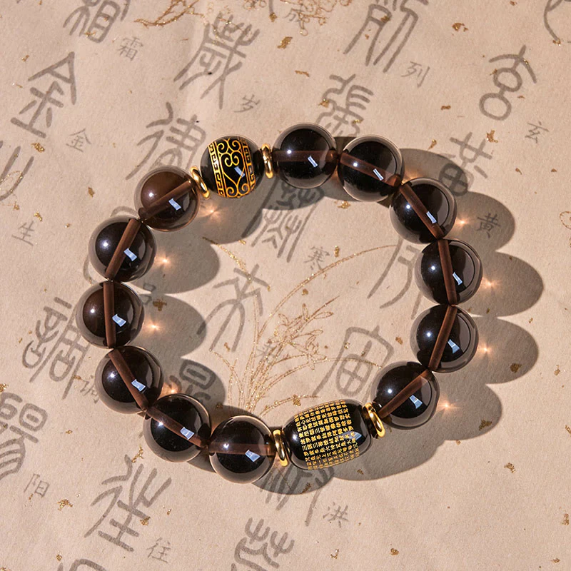 Braccialetto Buddha Stones Ice Obsidian con timbro oro in sanscrito e coraggio