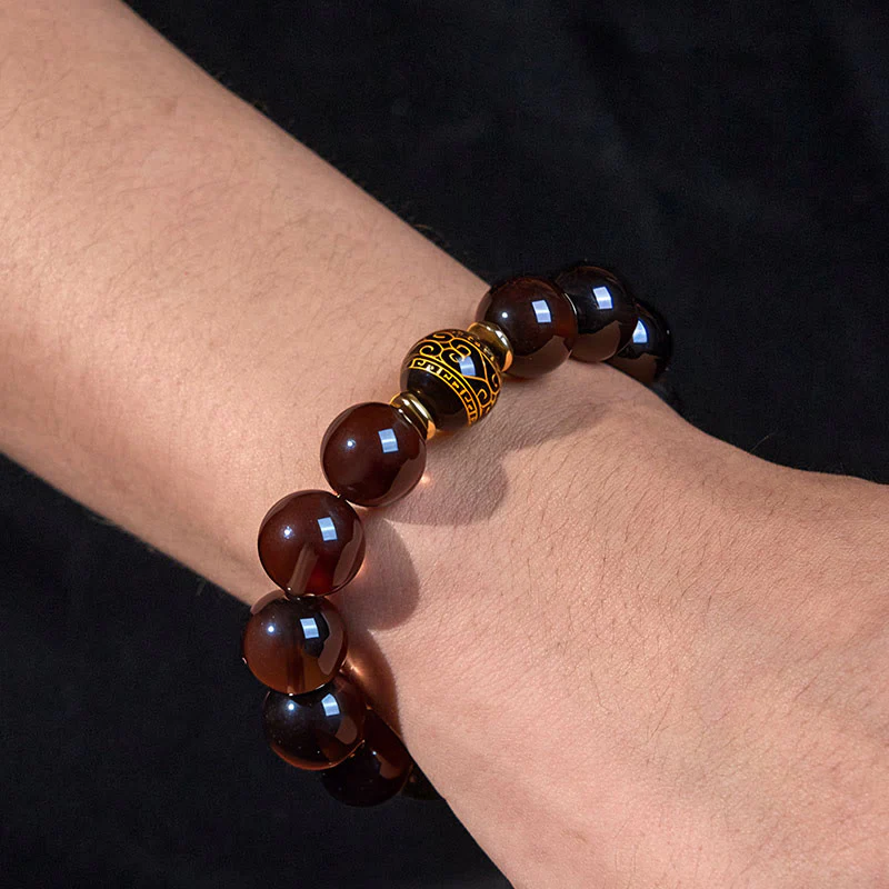 Braccialetto Buddha Stones Ice Obsidian con timbro oro in sanscrito e coraggio - Image 6