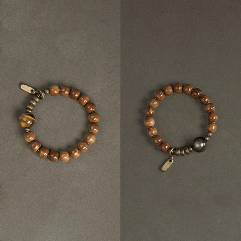 Braccialetto per la fortuna, in ottone, rame e ossidiana , Buddha Stones , semi di Kuka, occhio di tigre e oro lucido - Image 15