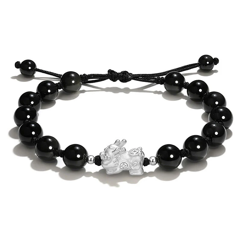 Braccialetto Buddha Stones Natural Black Ossidiana Occhio di Gatto Cristallo Rosa PiXiu Strength - Image 2