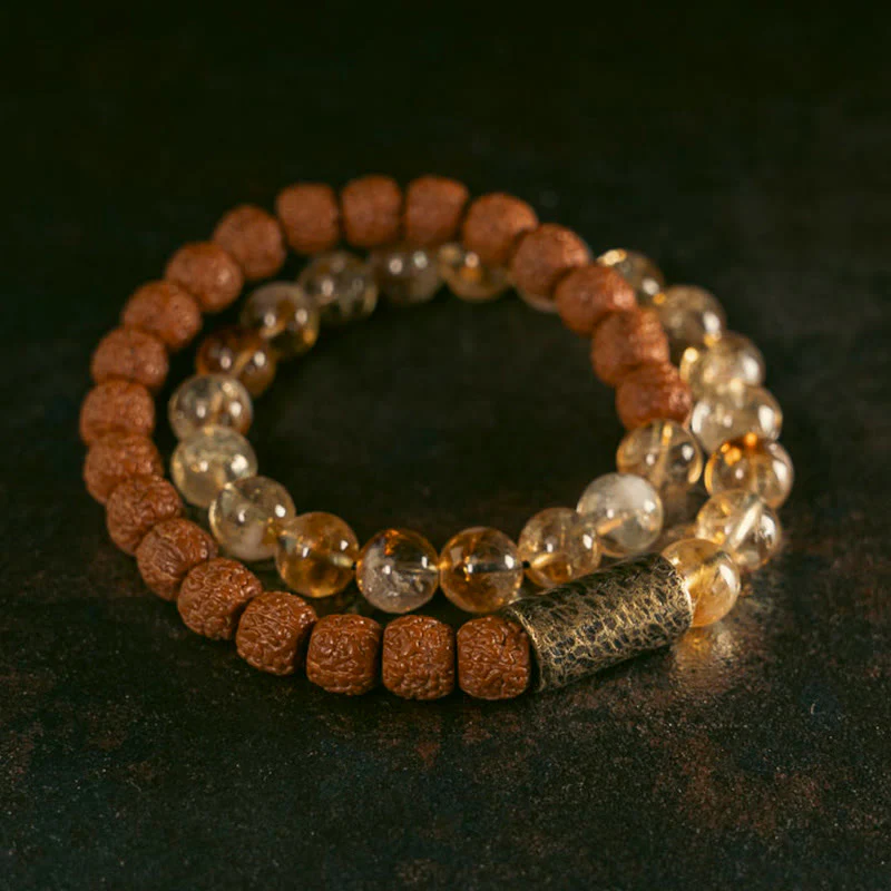 Braccialetto Buddha Stones Natural Citrine Crystal Rudraksha Bodhi Seed Brass Bead Prosperity Double Wrap - Image 2