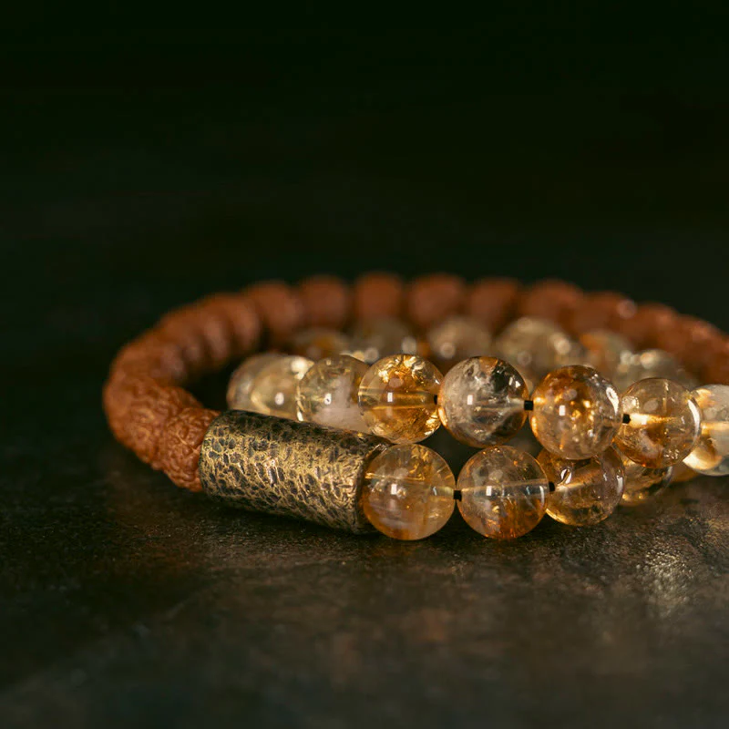 Braccialetto Buddha Stones Natural Citrine Crystal Rudraksha Bodhi Seed Brass Bead Prosperity Double Wrap - Image 3