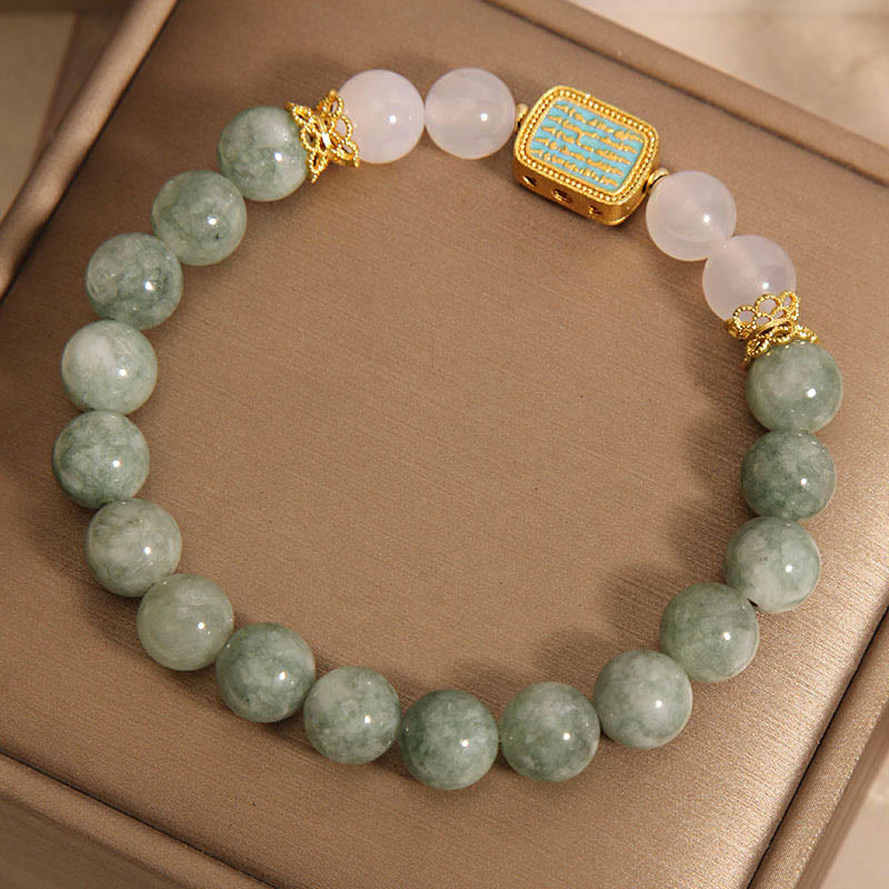 Braccialetto Buddha Stones Natural Green Jade White Agate Five Scriptures Abbondanza - Image 2