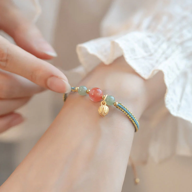 Braccialetto Buddha Stones Red Agate Jade Lotus Confidence Calm String - Image 2