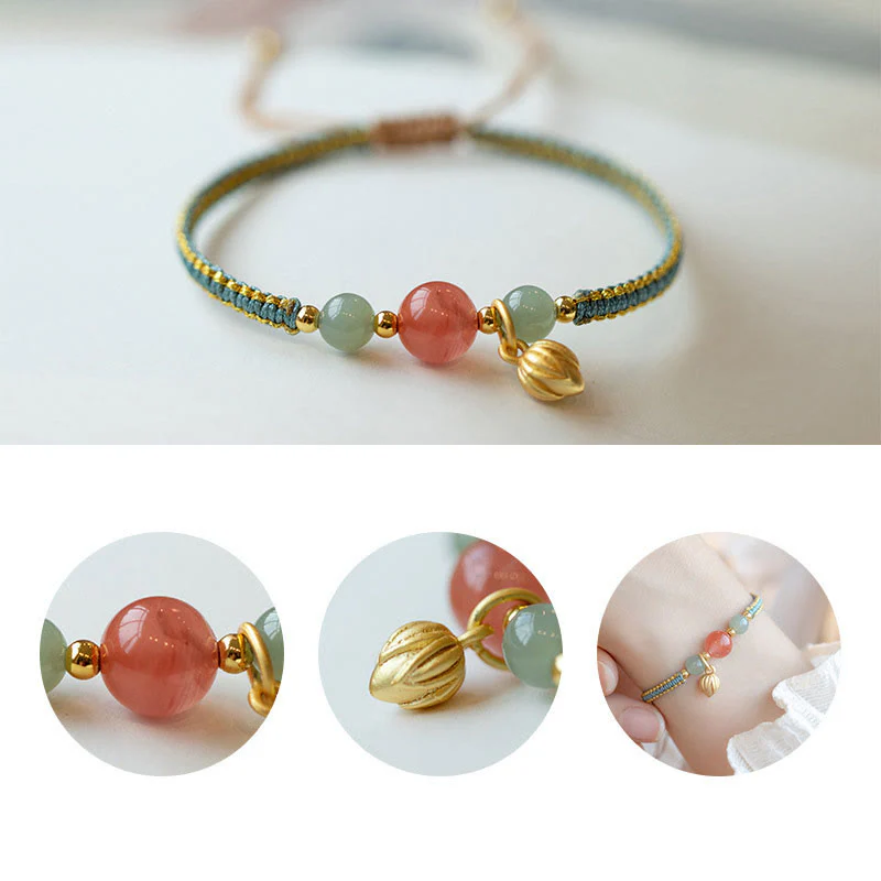 Braccialetto Buddha Stones Red Agate Jade Lotus Confidence Calm String - Image 3
