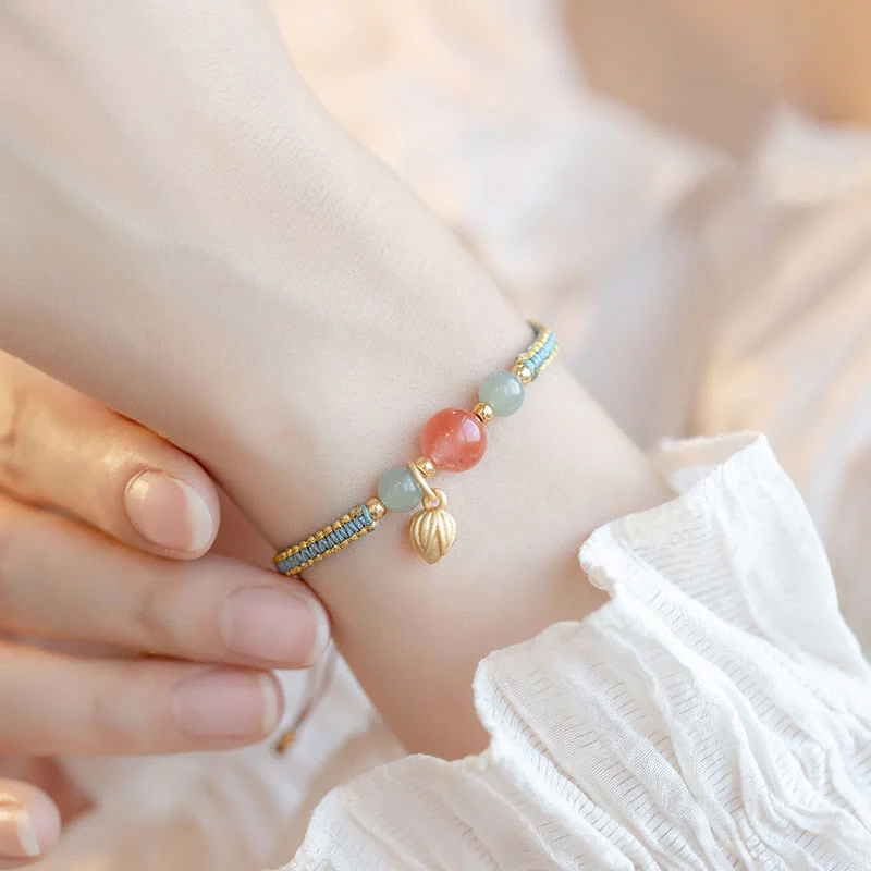 Braccialetto Buddha Stones Red Agate Jade Lotus Confidence Calm String - Image 7