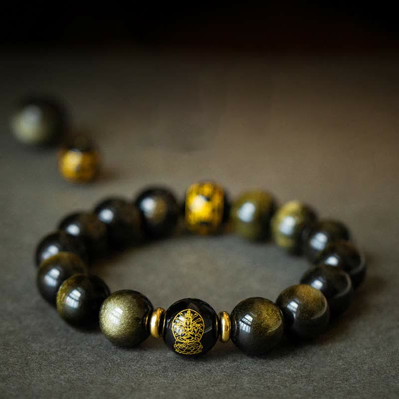 Braccialetto cinese di protezione della ricchezza con ossidiana e oro lucido, simbolo dello zodiaco natale del Buddha