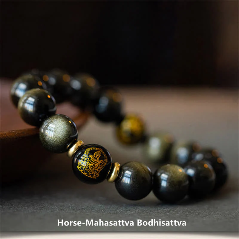 Braccialetto cinese di protezione della ricchezza con ossidiana e oro lucido, simbolo dello zodiaco natale del Buddha - Image 13