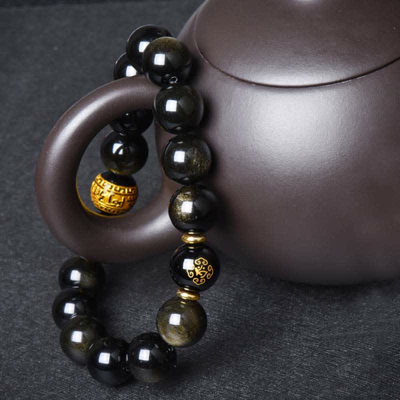 Braccialetto cinese di protezione della ricchezza con ossidiana e oro lucido, simbolo dello zodiaco natale del Buddha - Image 14