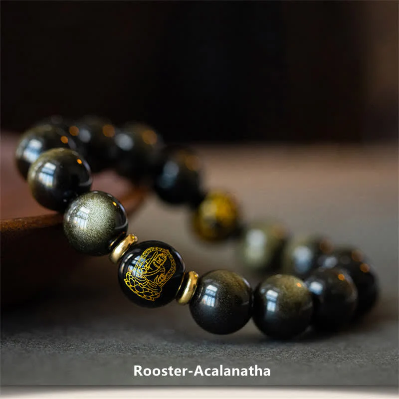 Braccialetto cinese di protezione della ricchezza con ossidiana e oro lucido, simbolo dello zodiaco natale del Buddha - Image 18