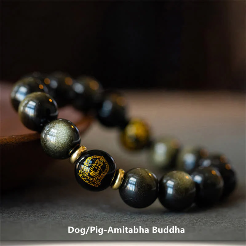 Braccialetto cinese di protezione della ricchezza con ossidiana e oro lucido, simbolo dello zodiaco natale del Buddha - Image 20
