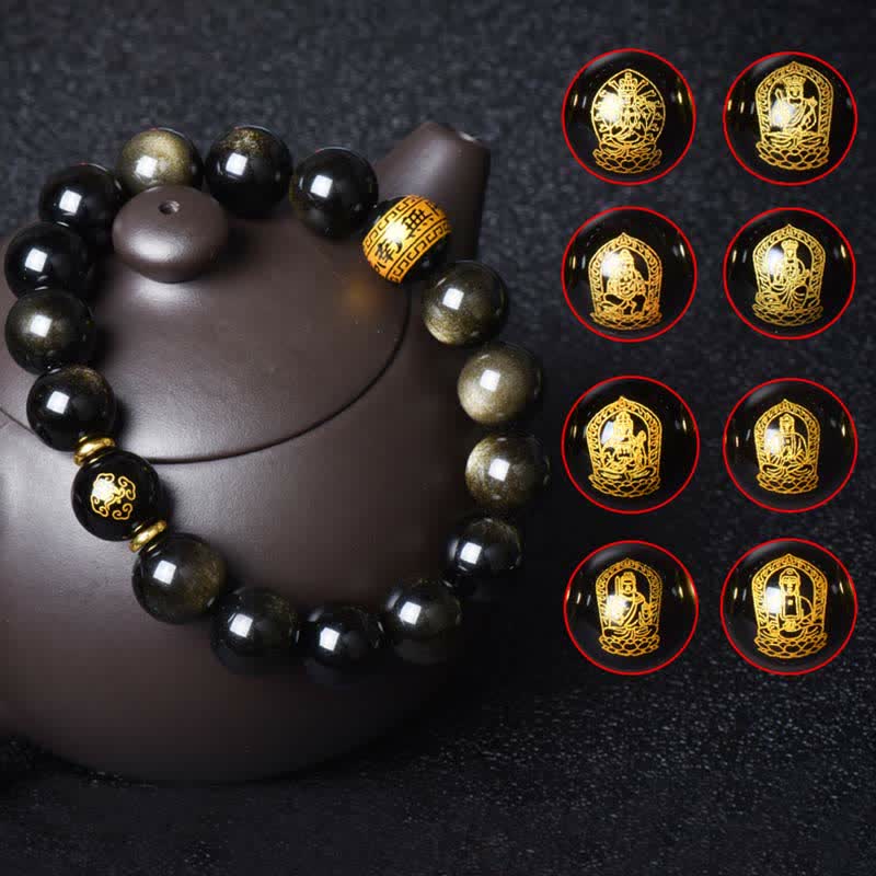 Braccialetto cinese di protezione della ricchezza con ossidiana e oro lucido, simbolo dello zodiaco natale del Buddha - Image 23