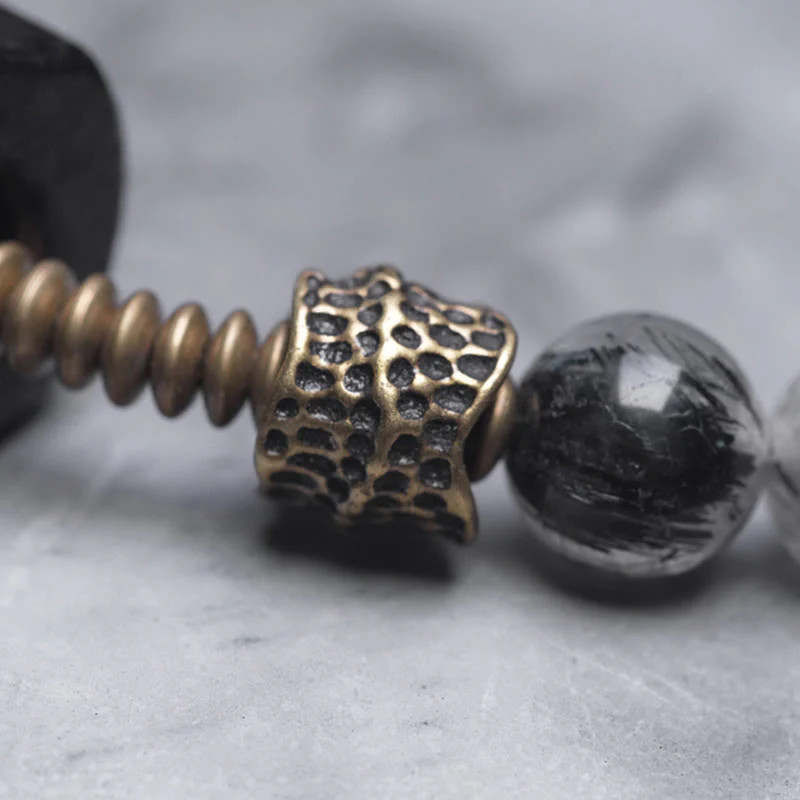 Braccialetto con bilanciere a doppio giro in ottone e rame, in legno di ebano e quarzo rutilato nero Buddha Stones - Image 10