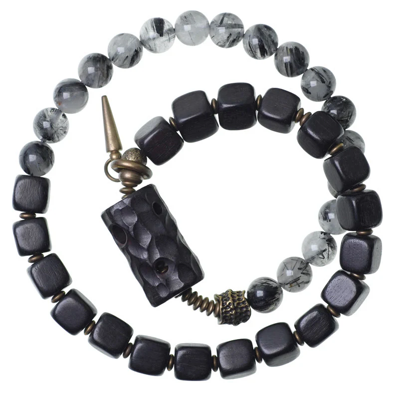 Braccialetto con bilanciere a doppio giro in ottone e rame, in legno di ebano e quarzo rutilato nero Buddha Stones - Image 13