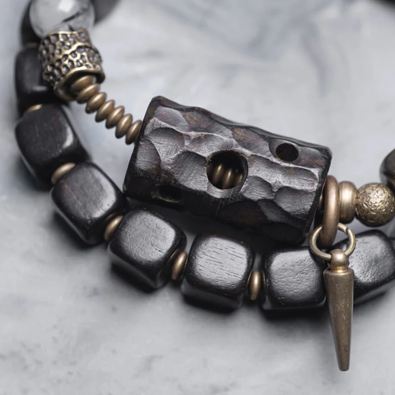 Braccialetto con bilanciere a doppio giro in ottone e rame, in legno di ebano e quarzo rutilato nero Buddha Stones - Image 3