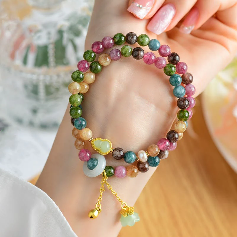 Braccialetto con ciondolo a doppio giro di mughetto con tormalina multicolore , Buddha Stones