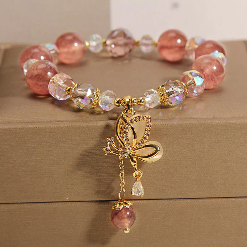 Braccialetto con ciondolo a farfalla positivo con guarigione naturale al quarzo fragola Buddha Stones