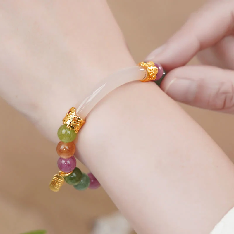 Braccialetto con ciondolo a forma di carattere positivo Fu, tormalina e calcedonio colorati Buddha Stones - Image 3