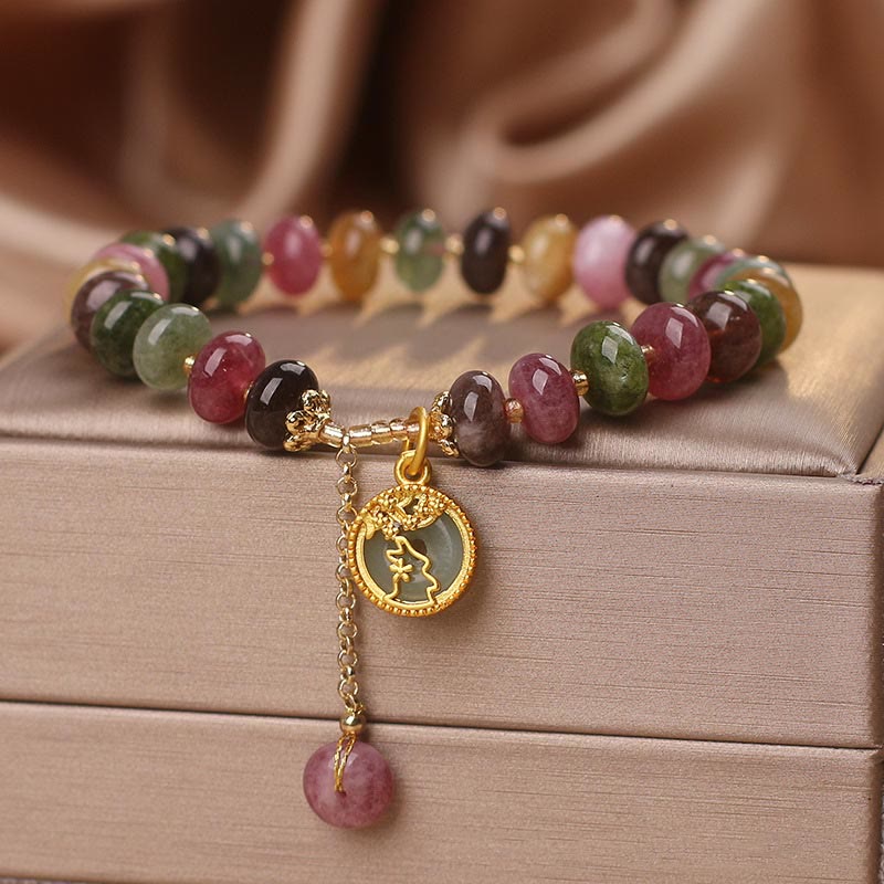 Braccialetto con ciondolo a forma di coniglio con fiore carino e tormalina colorata Buddha Stones - Image 13