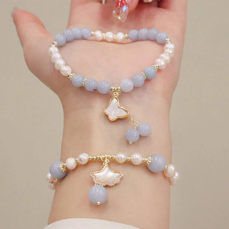 Braccialetto con ciondolo a forma di farfalla con foglia di ginkgo e perle di acquamarina naturale Buddha Stones