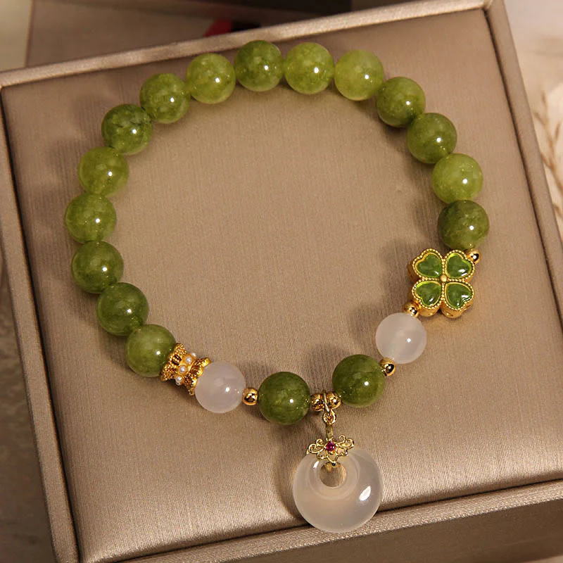 Braccialetto con ciondolo a forma di fibbia della pace con quadrifoglio , Buddha Stones, tormalina verde, calcedonio e saggezza - Image 6
