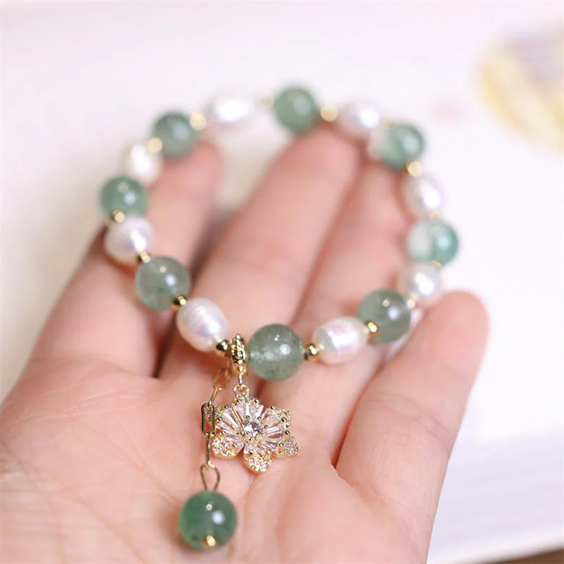 Braccialetto con ciondolo a forma di fiore di perla di quarzo fragola verde naturale Buddha Stones - Image 8